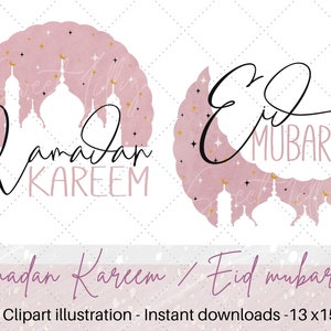 May include: Two digital illustrations of Islamic greetings. The first image is a pink crescent moon with gold stars and the text "Eid Mubarak". The second image is a pink dome with gold stars and the text "Ramadan Kareem".