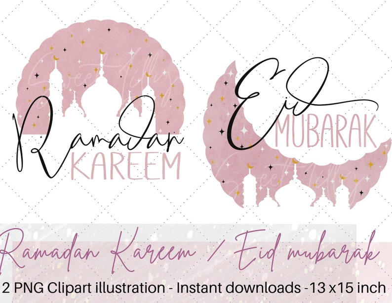 May include: Two digital illustrations of Islamic greetings. The first image is a pink crescent moon with gold stars and the text "Eid Mubarak". The second image is a pink dome with gold stars and the text "Ramadan Kareem".
