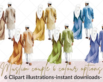 Muslim couple holding hands 6 colour option clipart illustrations | Islamic graphics | Hijabi clipart | Islamic digital | Commercial use