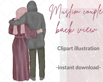 Muslim couple back view illustration | Islamic clipart | Muslim clipart | Hijabi clipart | islamic digital | islamic commercial use clip art