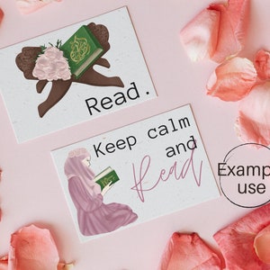 May include: Two cards with a pink background and white text. The first card has a green book with pink flowers and the text "Read." The second card has a woman in a pink hijab reading a green book and the text "Keep calm and read."