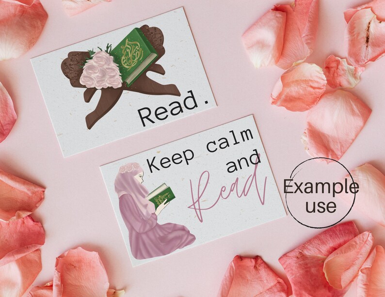 May include: Two cards with a pink background and white text. The first card has a green book with pink flowers and the text "Read." The second card has a woman in a pink hijab reading a green book and the text "Keep calm and read."