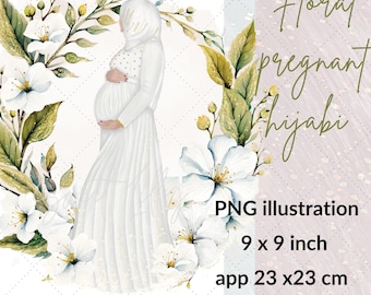 Aquarela todo branco Hijabi floral grávida senhora clip art ilustrações | Arquivos digitais Muslimah | Hijabi grávida gráfico | Gráficos islâmicos