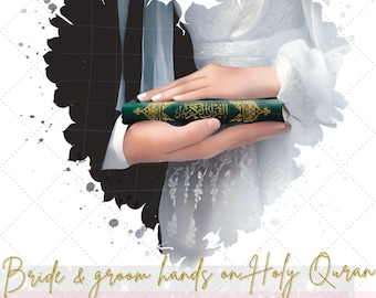 Muslim bride & groom hands on Quran book in a heart shape 3 skin tone option clip art illustration| Muslim couple PNG images|Commercial use