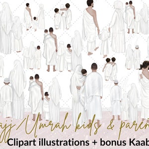 Moslimkinderen en ouders in hadj/Umrah 18 clipartillustraties | Hadj/Umrah digitaal |  Hijabi-clipart | Ihram-illustraties | Islamitische afbeeldingen