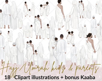 Muslim kids & parents in hajj/Umrah 18 clipart illustrations | Hajj/Umrah digital  |  Hijabi clipart | Ihram clip art | Islamic graphics