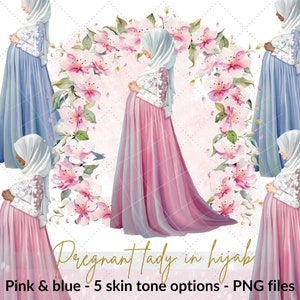 Illustration clipart femme enceinte en hijab rose et bleu | 5 tons de peau disponibles | Numérique islamique | Hijabi clipart | Graphismes islamiques