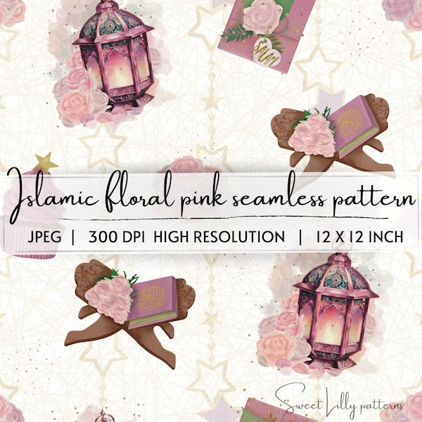 Islamic digital seamless pattern| Islamic repeat pattern| Lanterns repeat file| Islamic pink endless pattern| Islamic digital paper