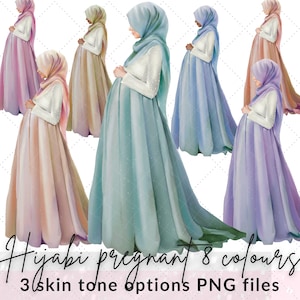 Dame enceinte hijabi aquarelle 8 couleurs 3 tons de peau option clipart illustrations fichiers numériques aquarelle maman Muslimah | graphiques islamiques