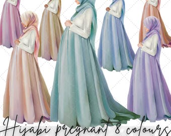 Watercolour Hijabi pregnant lady 8 colour 3 skin tone option clip art illustrations  Muslimah mom watercolour digital files|Islamic graphics