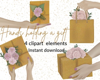 Hands holding gifts clipart set -floral craft paper gift box  -woman holding gift -glitter gift box clipart -commercial use-instant download