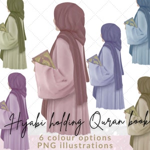 Lady in hijab holding Quran book 6 colour option clipart illustration| Hijabi clipart| islamic clipart| Hijabi digital files| Hijabi graphic