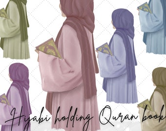 Lady in hijab holding Quran book 6 colour option clipart illustration| Hijabi clipart| islamic clipart| Hijabi digital files| Hijabi graphic