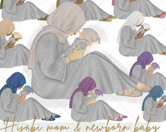Hijabi mãe e bebê 12 cores 3 opções de tom de pele clip art ilustrações | Mãe muçulmana com recém-nascido arquivos digitais | Gráficos islâmicos