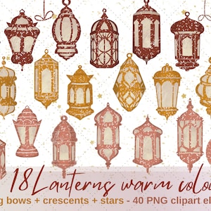May include: A collection of 18 warm-colored lantern designs, along with string bows, crescent moons, and stars. The lanterns are in various shapes and sizes, with a distressed, textured appearance. The text reads "18 Lanterns warm colours + string bows + crescents + stars - 40 PNG clipart elements."