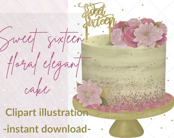 Sweet sixteen floral elegant cake clipart illustration - Sweet sixteen clipart- Sweet sixteen digital download - Sweet sixteen png image