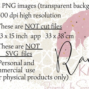 May include: Two digital images of a pink and white Ramadan Kareem design with a crescent moon and stars. The design features a mosque with minarets and the text "Ramadan Kareem". The images are 300 dpi and 13 x 15 inches. These are PNG files with a transparent background and are not cut files. They are for personal and commercial use for physical products only.