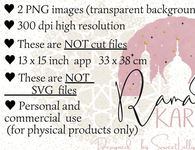May include: Two digital images of a pink and white Ramadan Kareem design with a crescent moon and stars. The design features a mosque with minarets and the text "Ramadan Kareem". The images are 300 dpi and 13 x 15 inches. These are PNG files with a transparent background and are not cut files. They are for personal and commercial use for physical products only.