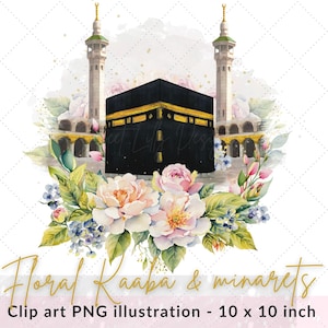 Floral kaaba & minarets clip art illustration | Kaaba digital file | watercolour Islamic graphic clip art | Kabaa png file |  Commercial use