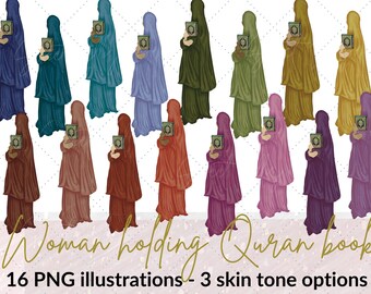 Muslim woman holding Quran book 16 jilbab colour option clip art illustrations | 3 skin tone options | Islamic Digital | Islamic clipart