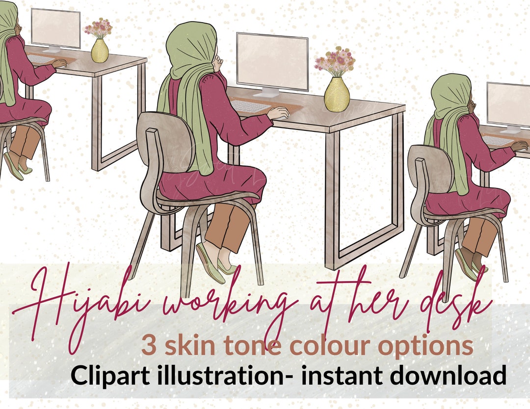 Hijabi Working at Her Desk Illustration -3 Skin Tone Colour Options ...