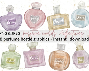 Perfume bottles clipart set -positive adjectives on perfume clipart element -perfume bottles graphics -perfume png - commercial use graphics