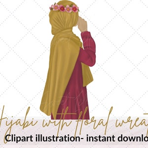 Hijabi woman with floral wreath clip art illustration | Muslim lady side view digital |  Islamic clip art | Commercial use islamic clip art