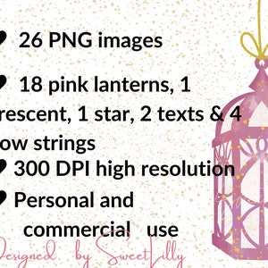 Op de afbeelding: Een digitaal ontwerp met een roze lantaarn met gouden details. Tekst bevat 26 PNG-afbeeldingen, 18 roze lantaarns, een maan, een ster, 2 teksten en 4 strikken. Hoge resolutie, voor persoonlijk en commercieel gebruik.