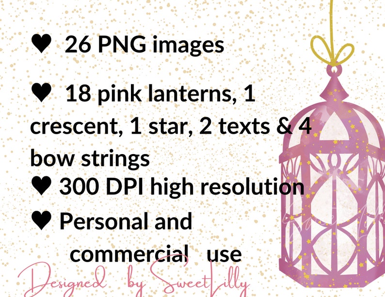 Op de afbeelding: Een digitaal ontwerp met een roze lantaarn met gouden details. Tekst bevat 26 PNG-afbeeldingen, 18 roze lantaarns, een maan, een ster, 2 teksten en 4 strikken. Hoge resolutie, voor persoonlijk en commercieel gebruik.