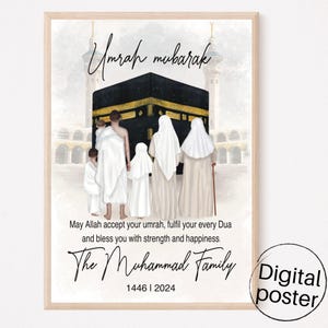 Gepersonaliseerde digitale familieposter Umrah Mubarak | Afdrukbare familieposter |  Digitale umrah-poster met Ka'aba en gezin cadeau geven