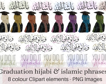 Graduation hijabi & islamic phrases 8 colour option PNG elements | Islamic graduation clip art illustrations | Hijabi graduation graphics
