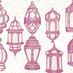 Op de afbeelding: Een verzameling van negen decoratieve lantaarns in roze en paarse tinten, met ingewikkelde uitgesneden ontwerpen. De lantaarns hebben een aquareleffect en staan tegen een witte achtergrond met gouden spikkels. De lantaarns vari&euml;ren in vorm en grootte.