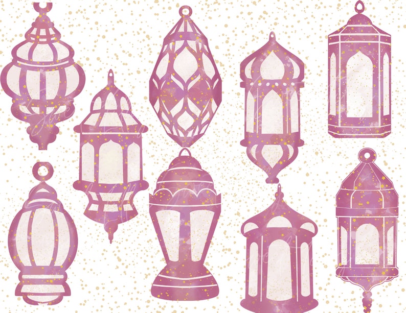 Op de afbeelding: Een verzameling van negen decoratieve lantaarns in roze en paarse tinten, met ingewikkelde uitgesneden ontwerpen. De lantaarns hebben een aquareleffect en staan tegen een witte achtergrond met gouden spikkels. De lantaarns vari&euml;ren in vorm en grootte.