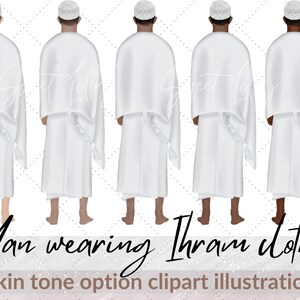 Man met Ihram kleedt zich achteraanzicht 5 huidskleur optie clip art illustraties | Hajji-afbeelding | Islamitische clipart | islamitische hadj digitaal