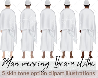 Man wearing Ihram clothe  back view 5 skin tone option clip art illustrations | Hajji graphic | Islamic clipart | islamic hajj digital
