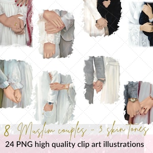 Moslim bruid en bruidegom 3 huidskleuren optie clip art illustraties | hijabi bruid bruidegom islamitische afbeeldingen| PNG-afbeeldingen moslimpaar|Commercieel gebruik