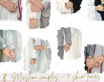 Muslim bride & groom 3 skin tone option clip art illustrations |hijabi bride groom islamic graphics| Muslim couple PNG images|Commercial use