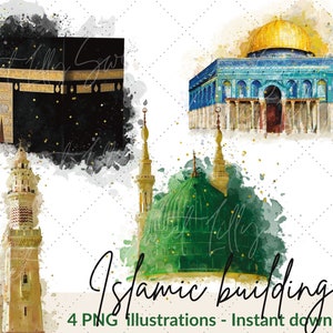 Islamische Gebäudeillustrationen| Kabaa Felsenkuppel Prophetenmoschee Minarett Illustration| Islamische Architektur PNG | Islamisch digital