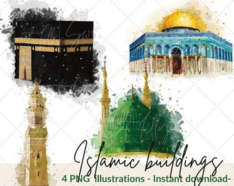Islamic building illustrations| Kabaa Dome of the rock prophet mosque minaret illustration| Islamic architectural PNG | Islamic digital