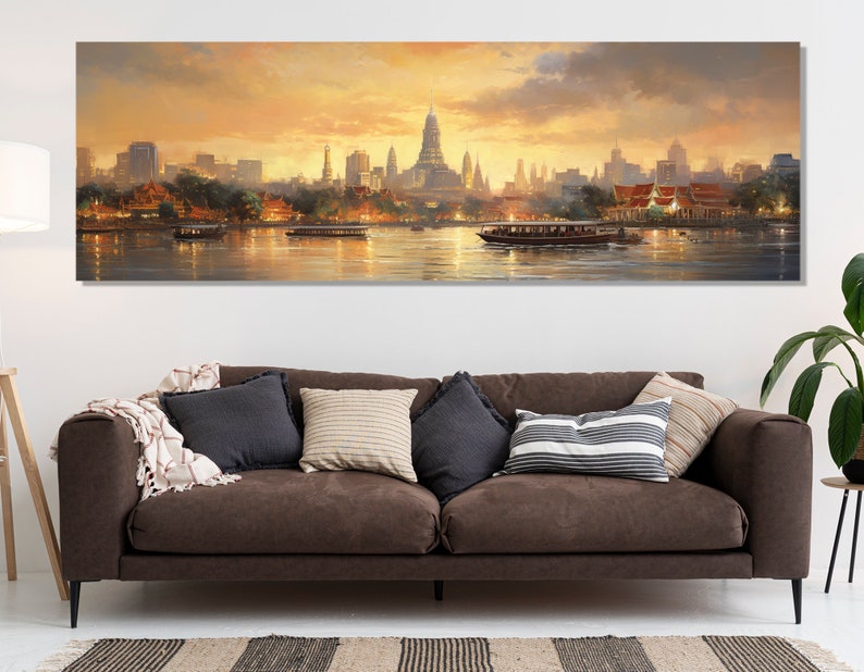 Vintage Bangkok Skyline Painting, Bangkok Canvas Print, Retro Bangkok