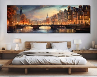 Large Amsterdam Wall Art, Vintage Amsterdam Canvas Print, Stunning Amsterdam Retro Painting, Netherlands Painting, Amsterdam Wall Decor