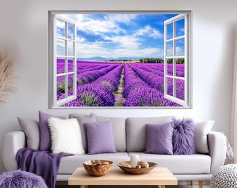 Window Opening to Provence Lavender Field in France Canvas Print, Lavender Field Poster,  Lavender Wall Art, Lavender Field Landscape