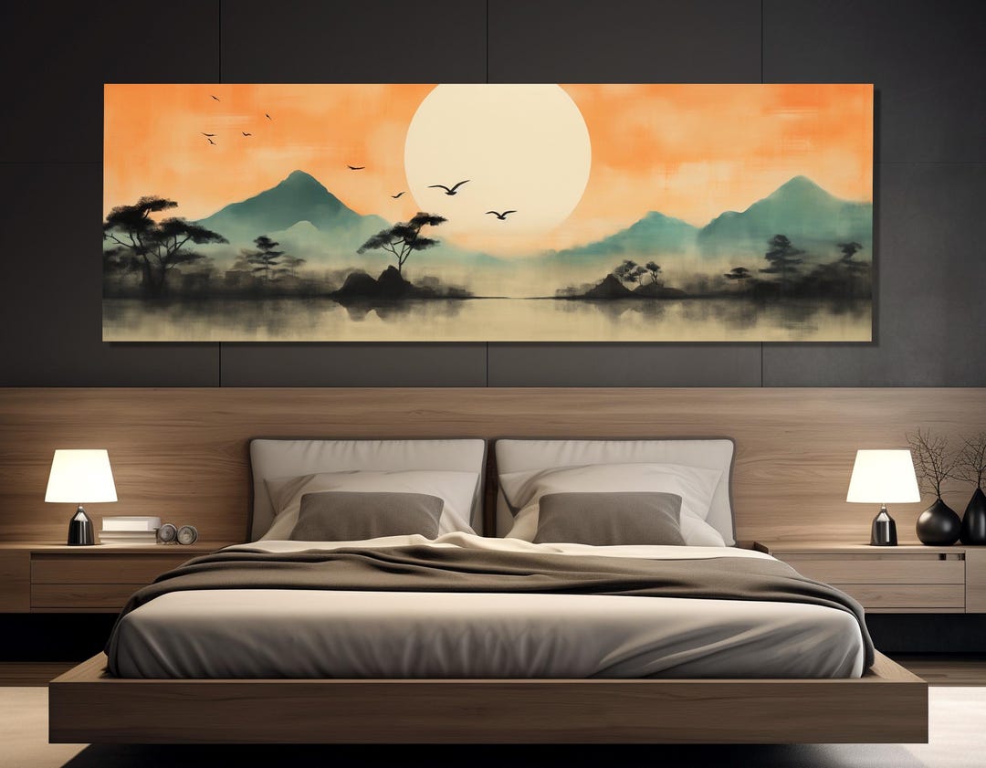Japanese Landscape Wall Art, Zen Mountain Sunrise Canvas, Minimalist ...