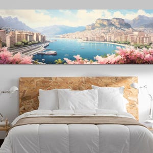 Groot schilderij skyline Monaco, kunst aan de muur lente Monaco, canvasafdruk Monaco, retro Monaco kunst aan de muur, muurdecoratie Monaco