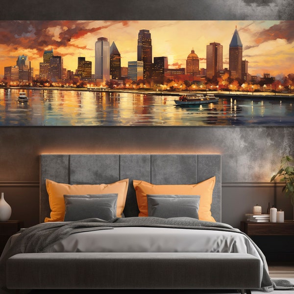 Abstract Large Detroit Panoramic Wall Art, Vintage Detroit Canvas Print, Scenic Detroit Painting, Detroit Wall Decor