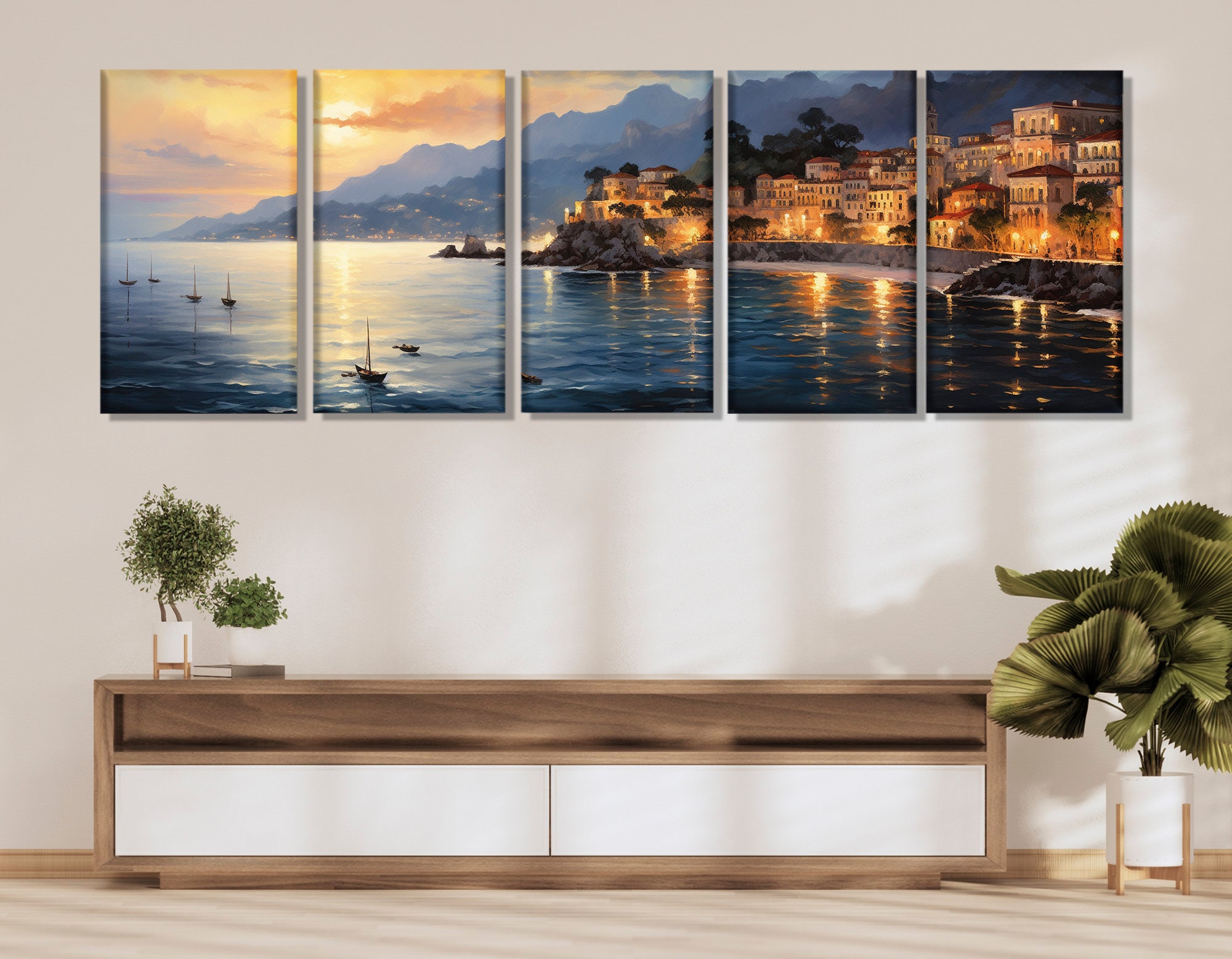 Impressive Amalfi Coast Painting Canvas Print, Vintage Amalfi Coast
