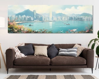 Arte mural grande de Hong Kong, pintura de Hong Kong, impresión en lienzo del horizonte de Hong Kong, impresionante decoración de pared de Hong Kong