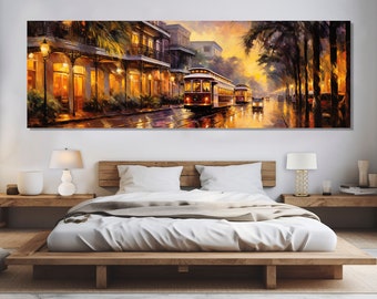 May include: A painting of a street scene with a vintage streetcar in the foreground. The streetcar is red and yellow and is traveling down a street lined with palm trees. The buildings in the background are brick and have a vintage look. The sky is a soft orange and yellow.
