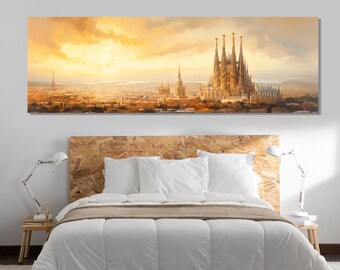 Beautiful Barcelona Skyline Painting Canvas Print, Sagrada Familia Painting, Large Barcelona Wall Art, Spain Canvas Art