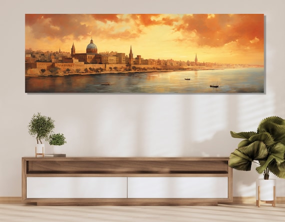 Vintage Valletta Canvas Print, Large Malta Wall Art, Stunning Valletta Painting, Retro Valletta Wall Decor, Malta Canvas Art